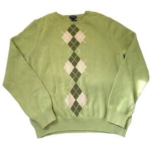 Vintage 90s Izod Light Green Argyle Cotton Sweater Sz L Preppy Tennis Pastel